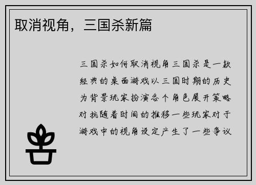 取消视角，三国杀新篇